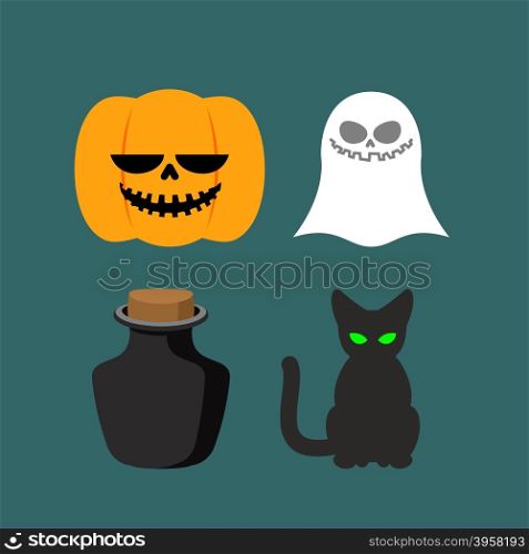 Set of icons for Halloween. Symbol dreaded holiday: Ghost and black cat, poison and pumpkin. Vector illustration&#xA;