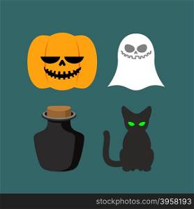 Set of icons for Halloween. Symbol dreaded holiday: Ghost and black cat, poison and pumpkin. Vector illustration&#xA;