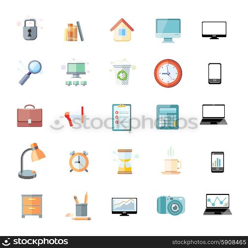 Set of icons for office and time management with digital devices and office objects on white background. Office and time management icon set