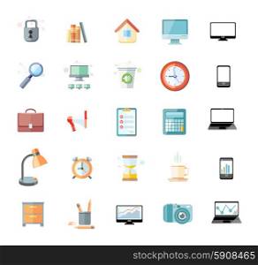 Set of icons for office and time management with digital devices and office objects on white background. Office and time management icon set