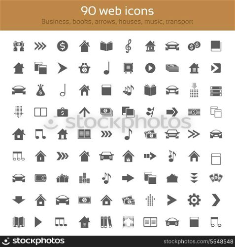 Set of icons for web design. Collection themes: business, arrows, houses, music, Books, transport