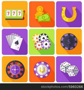Set of icons gambling games flat style. Casino and slot machine, poker game, dice and roulette, las vegas, vegas and playing cards, win and play, gamble leisure, fortune and risk illustration