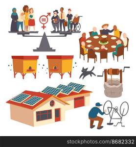 Set of icons gender equality, men and women stand on scales pans, big family sit around table, apiary with wooden hives, houses with solar panels, man fixing bicycle, cartoon flat vector illustration. Set of icons gender equality, big family, apiary