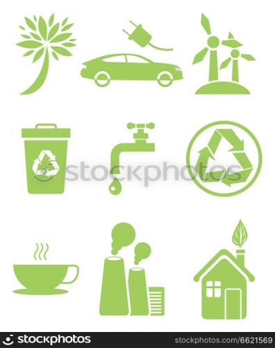 Set of icons in clean environment concept. Electrocar sign, windmill recycling sign, air pollution, saving of fresh water and stop smog symbols. Recycling Agitation, Stop Pollution, Water Economy