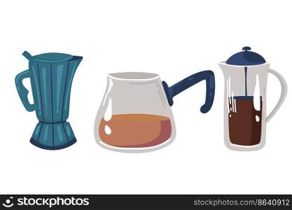 set of icons in flat style. Stylish coffee set of icons. Italian coffee maker Teapot with coffee.. set of icons in flat style. Stylish coffee set of icons. Italian coffee maker Teapot with coffee