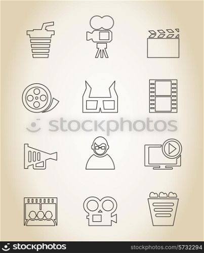 Set of icons in linear style on a cinema theme. A vector illustration