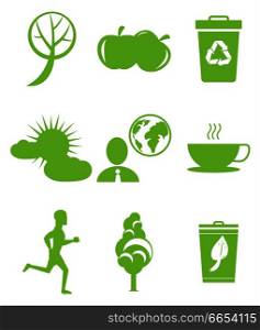 Set of icons in save environment concept. Healthy food, running person, politician thinking about global issues, garbage bin with recycling sign vector. Set of Icons in Save Environment Concept. Vector