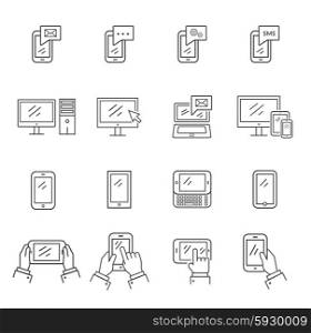Set of icons modern technology and communication. Touchscreen phone, tablet and mobile smartphone, laptop and computer, digital telephone, media device equipment illustration