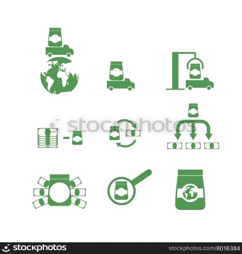 Set of icons money and goods. Shipping, logistics, unloading cargo. Profit from sale of goods.