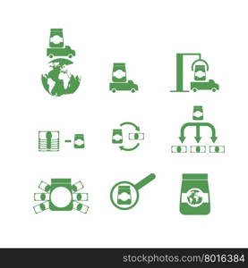 Set of icons money and goods. Shipping, logistics, unloading cargo. Profit from sale of goods.