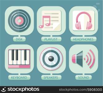 Set of icons music for app. Media player music icons, signs, silhouettes set