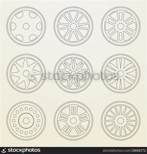 Set of icons of a car rims. Thin line style. Set of icons of a car rims.