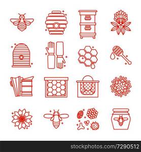 Set of icons of beekeeping. Honey, Apiary, hives, bees, equipment, flowers. For eco products of beekeeping, cosmetics medicine In a linear style. Honey and beekeeping icons