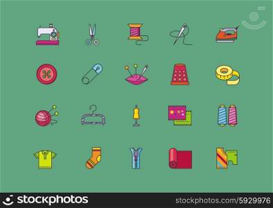 Set of icons of creative sewing flat style. Handmade and knitting industry, tailoring and handicraft, craftsmanship and needlework, needle and scissors, pin and spool illustration