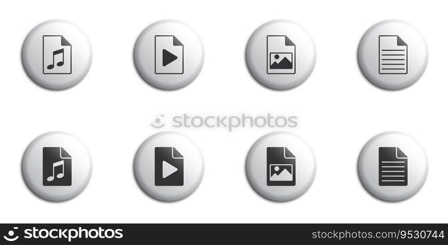 Set of icons of different types of files. Such as  multimedia, text, audio file and image file. Vector illustration.