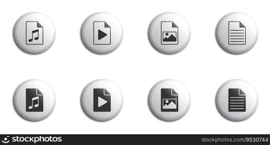 Set of icons of different types of files. Such as  multimedia, text, audio file and image file. Vector illustration.