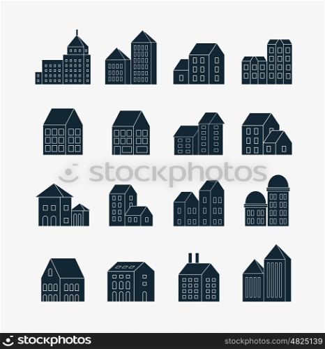 Set of icons of linear buildings, skyscrapers towers outlines of city icons