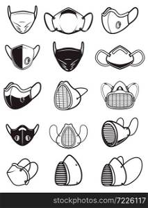 Set of icons of medical respiratory mask isolated on white background. Wuhan coronavirus theme. Design element for poster, card, banner, sign. Vector illustration