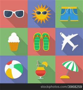 Set of icons of Summer travel theme. Modern flat style with a long shadow.. Set of icons of Summer travel theme.