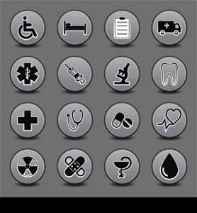 Set of icons on a medical subject, a round form, in gray tones. EPS10 vector.