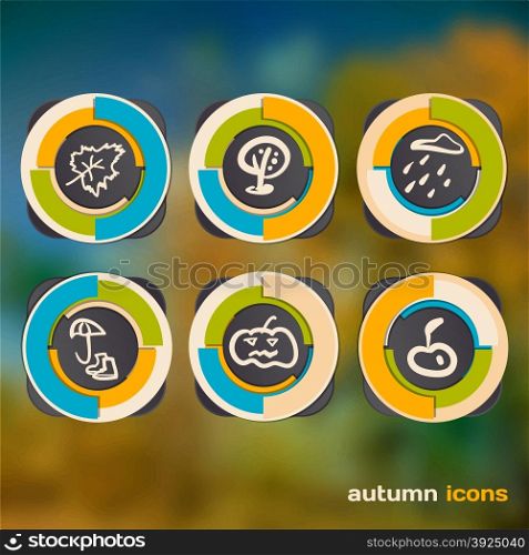 Set of icons on a theme of autumn on a background of defocused autumn leaves