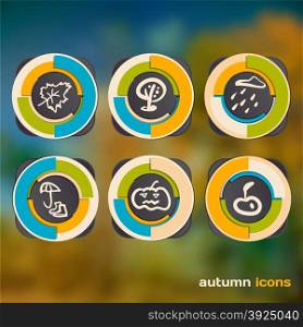 Set of icons on a theme of autumn on a background of defocused autumn leaves