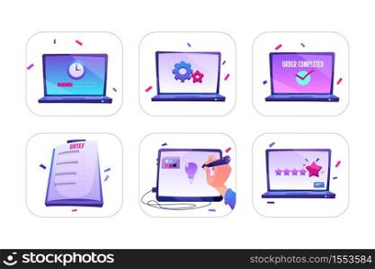 Set of icons online order, designer create idea on graphic tablet, rating or customer feedback with five stars on laptop screen, working process. Software update and brief, Cartoon vector illustration. Set of icons online order, idea, work process