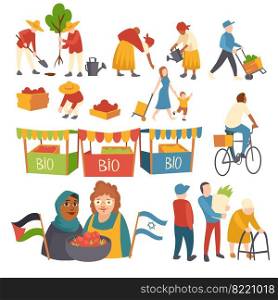 Set of icons people planting trees, harvesting crop on field, mother with child, women with crop holding Palestinian and Israeli flags, bio products in market booths cartoon flat vector illustration. Set of flat icons people planting trees, crop