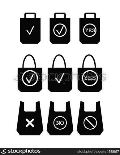 set of icons prohibiting the use of plastic packaging and approving the use of organic packages. Do not use plastic bags. Environmental protection