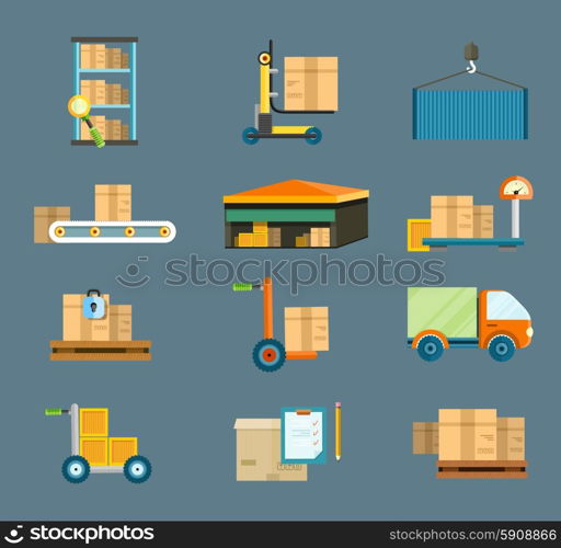 Set of icons warehouse distribution delivery in different locations. The technique works with boxes parcels. Delivery shipping concept in flat design. Delivery shipping concept