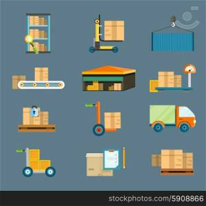 Set of icons warehouse distribution delivery in different locations. The technique works with boxes parcels. Delivery shipping concept in flat design. Delivery shipping concept