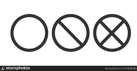 set of icons with a circle and crossed out circles. The symbol information and the prohibition, empty the circuit. Simple flat vector stock illustration. Isolated on a white background.