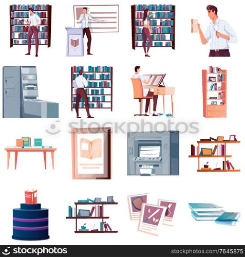 Set of icons with book shop presentation publishing house illustrator customer flat isolated vector illustration