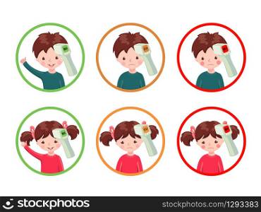 Set of icons with healthy and sick girls and boys with contactless infrared thermometer isolated on white background. Illustration in cartoon style.Flu epidemic concept.Vector illustration.. Set of icons with healthy and sick girls and boys with contactless infrared thermometer wich shows temperature.