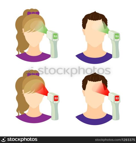 Set of icons with healthy and sick people with contactless infrared thermometer wich shows temperature isolated on white background.Illustration in flat style.Flu epidemic concept.Vector illustration.. Set of icons with healthy and sick people with contactless infrared thermometer wich shows temperature.