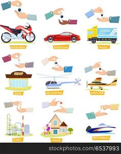 Set of Icons with Selling, Buying Cars, Houses. Set of icons with selling, buying cars, houses. Ilustrations showing passing keys to other hands. Sportbike. Sports Car. Truck. Shop. Helicopter. Airplane. Plant. House Motorboat Cartoon style Vector