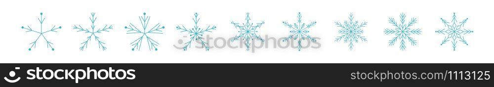 Set of icy snowflakes symbol vector illustration. Blue line frozen snowflake isolated on white background for new year celebration snow decoration ornament or christmas festive frost flakes design. Set of icy snowflakes symbol vector illustration