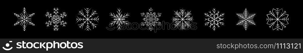 Set of icy snowflakes symbol vector illustration. White chalk sketch frozen snowflake isolated on blackboard for new year celebration snow decoration ornament or christmas festive frost flakes design. Set of icy snowflakes chalked sketch symbol