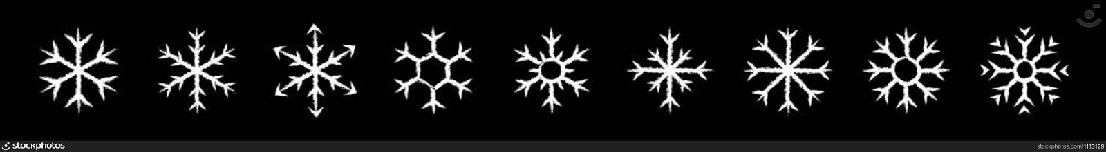 Set of icy snowflakes symbol vector illustration. White chalk sketch frozen snowflake isolated on blackboard for new year celebration snow decoration ornament or christmas festive frost flakes design. Set of icy snowflakes chalked sketch symbol