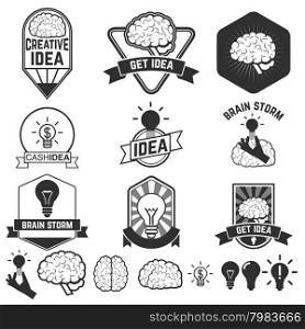 Set of idea brain designs &amp; badges. Label of representations of creativity, ideas, inspiration, intelligence, thoughts, strategy, memory, innovation, education, &amp; learning. Vector label or badge design template.