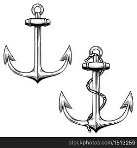 Set of illustration of anchor in engraving style. Design element for emblem, sign, poster, card, banner, flyer. Vector illustration