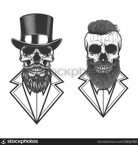 Set of Illustration of bearded hipster skull in vintage monochrome style. Design element for logo, emblem, sign, poster, card, banner. Vector illustration