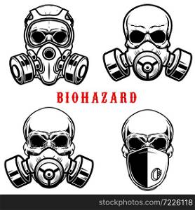 Set of illustration of human skull in gas mask isolated on white background. Biohazard. Coronavirus alert. Design element for poster, card, banner, flyer, emblem, sign. Vector illustration