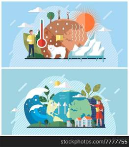 Set of illustrations about climate change, rising water level, global warming, ecological problems. Cartoon characters care about nature. Rising planetary temperatures affect flora and fauna. Set of illustrations about climate change, rising water level, global warming, ecological problems