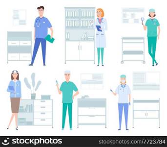 Set of illustrations about doctors work with equipment and instruments. Medical services concept. Patient health research and treatment. Provision of physician services in a medical institution. Set of illustrations about doctors work with equipment and instruments. Medical services concept