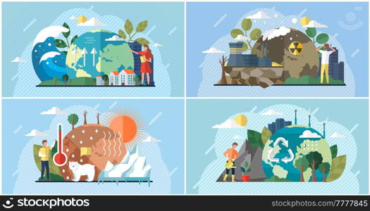 Set of illustrations about impact of human activity on environment. People use planet natural resources and try to protect Earth. Raising global temperature, climate change, ecology problems awareness. Set of illustrations about impact of human activity on environment. People try to protect Earth