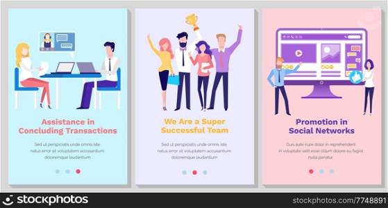 Set of illustrations about website landing page about business, organizing personnel. Promotion in social network concept. Assistance in concluding transactions. Super successful team wins a prize. Set of illustrations about website landing page about business, promoting and organizing personnel