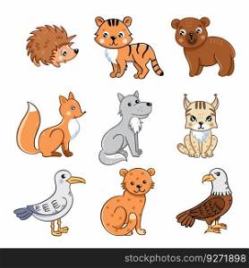 Set of illustrations for children with predatory animals. Vector drawing in cartoon style.