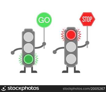 set of illustrations of a traffic light with a green and red signal and GO and STOP signs, for children&rsquo;s education, books, banners, posters and creative design. Flat style.