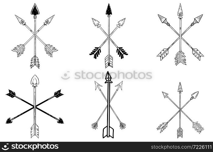 Set of illustrations of ancient crossed arrows of native americans in engraving style. Design element for poster, label, sign, emblem, menu. Vector illustration